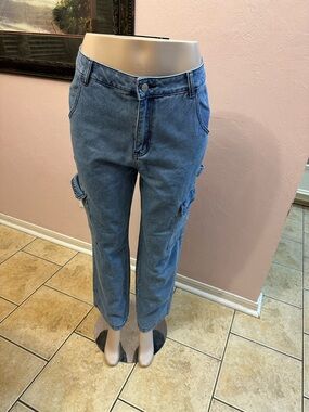 Women’s Blue Cargo Jeans - Casual Straight Leg